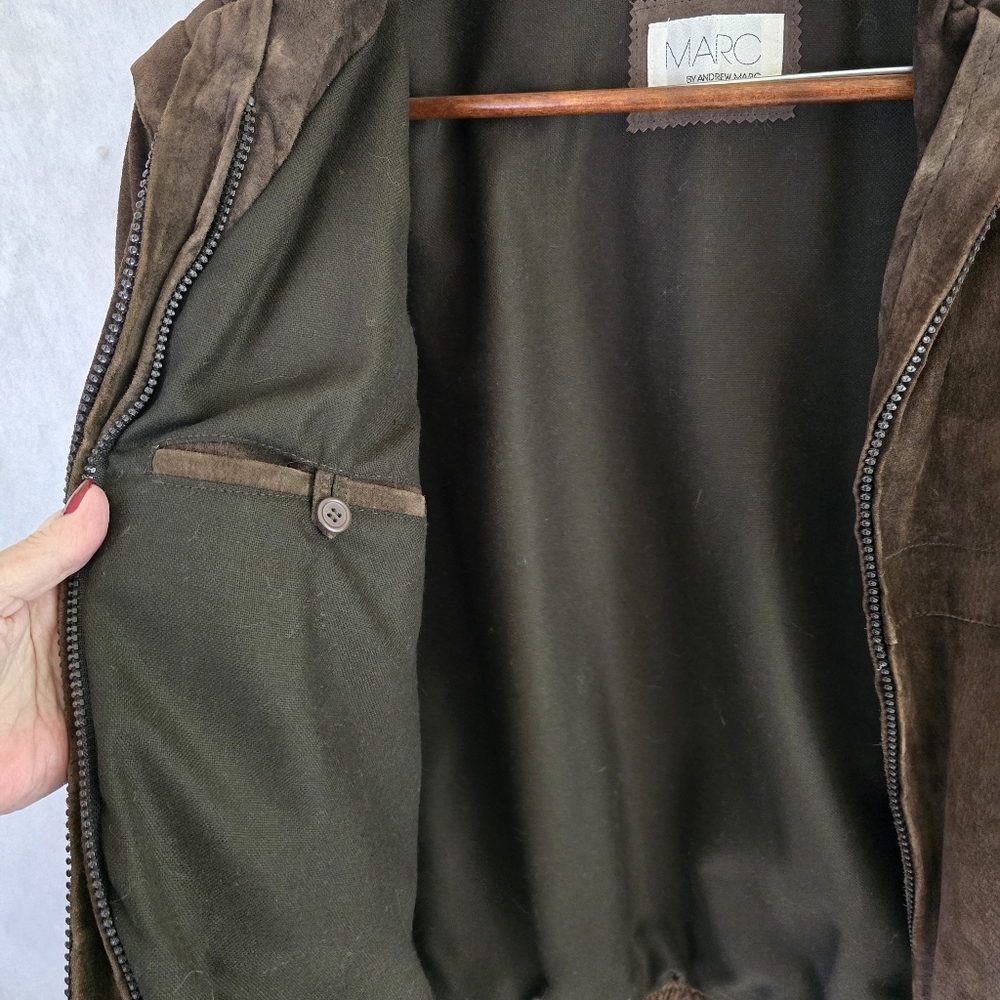 Andrew Marc Brown Sz L Bomber Jacket Leather Faux Fur Insert Vest zip out - Picture 3 of 16